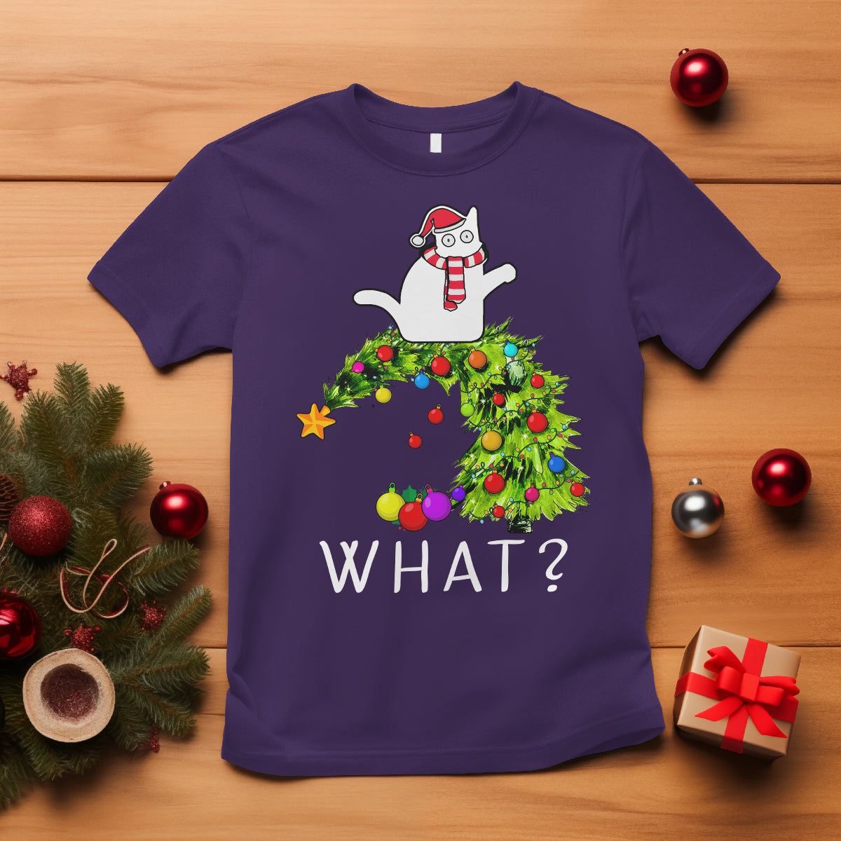 what-cat-pushing-christmas-tree-xmas-mischievous-cat-lover-t-shirt