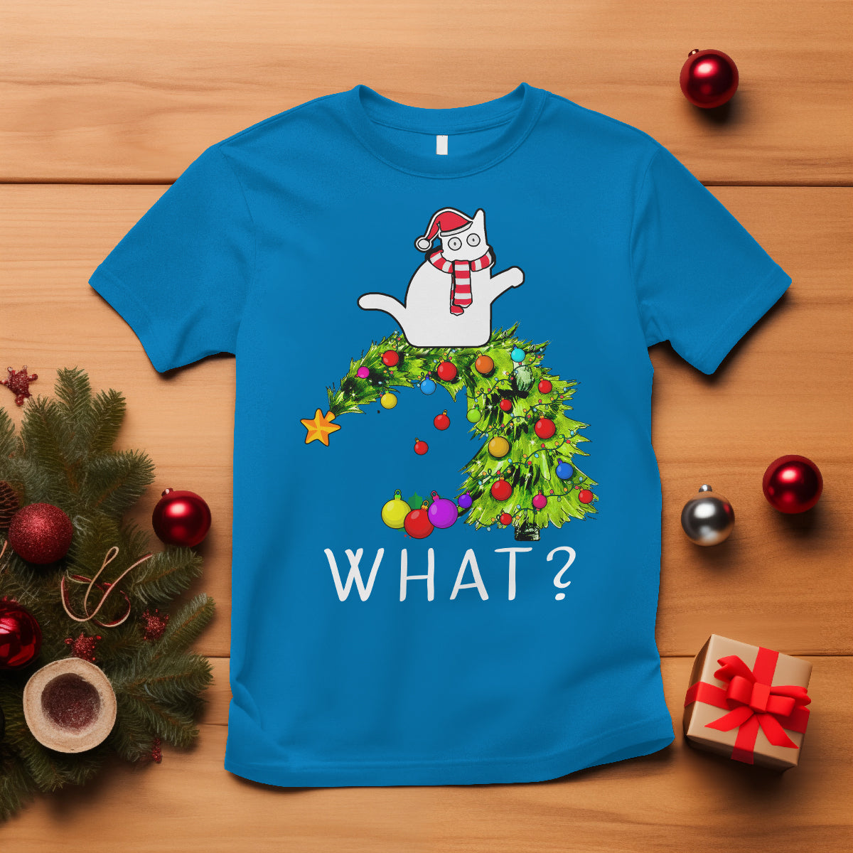 what-cat-pushing-christmas-tree-xmas-mischievous-cat-lover-t-shirt