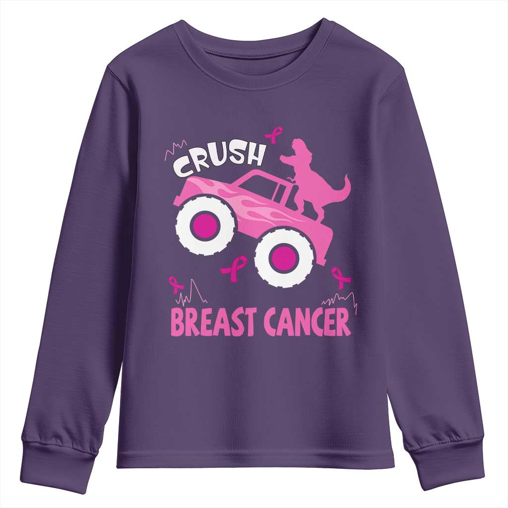 Crush Breast Cancer Support Youth Sweatshirt Pink Ribbon Monster Truck Dinosaur