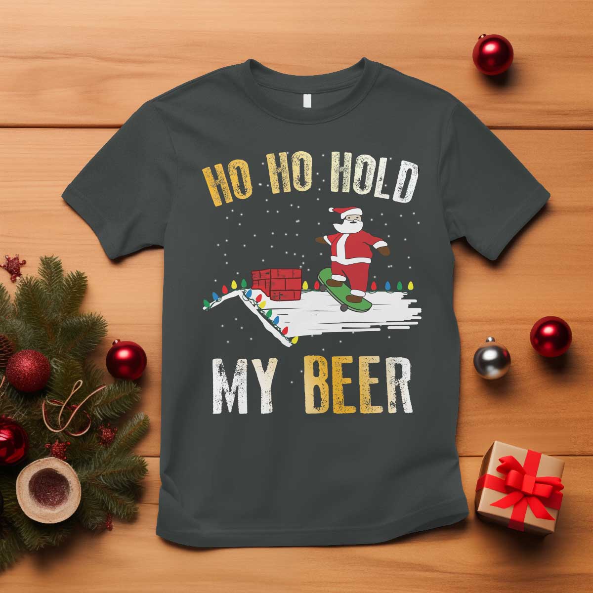 christmas-beer-t-shirt-funny-santa-ho-ho-hold-my-beer-skateboard-roof