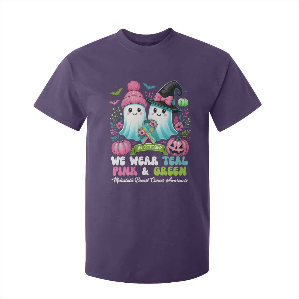 Metastatic Breast Cancer Support Ghost T Shirt For Kid Halloween Green Teal Pink Ribbon