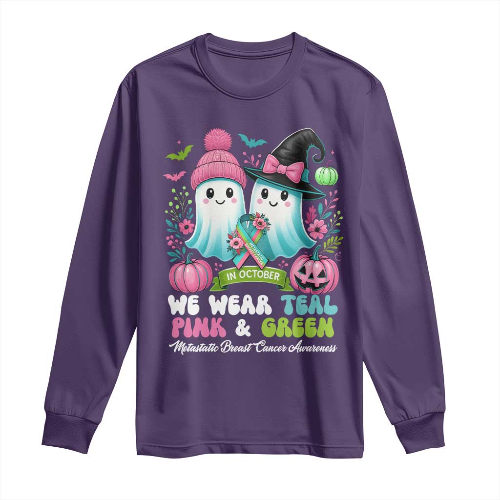 Metastatic Breast Cancer Support Ghost Long Sleeve Shirt Halloween Green Teal Pink Ribbon
