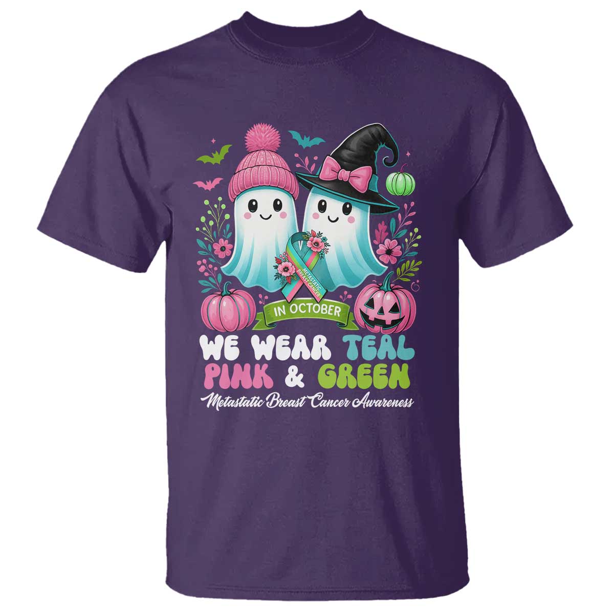 Metastatic Breast Cancer Support Ghost T Shirt Halloween Green Teal Pink Ribbon