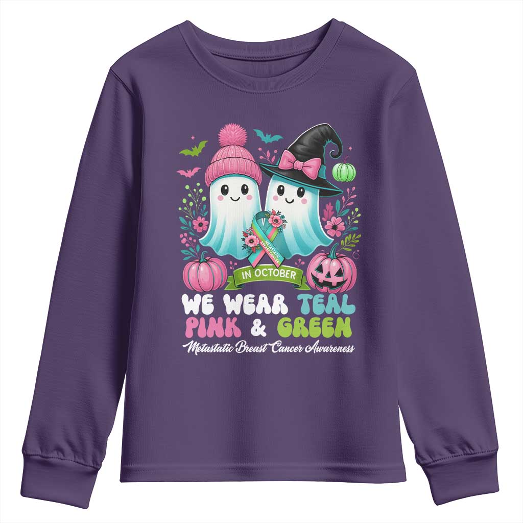 Metastatic Breast Cancer Support Ghost Youth Sweatshirt Halloween Green Teal Pink Ribbon