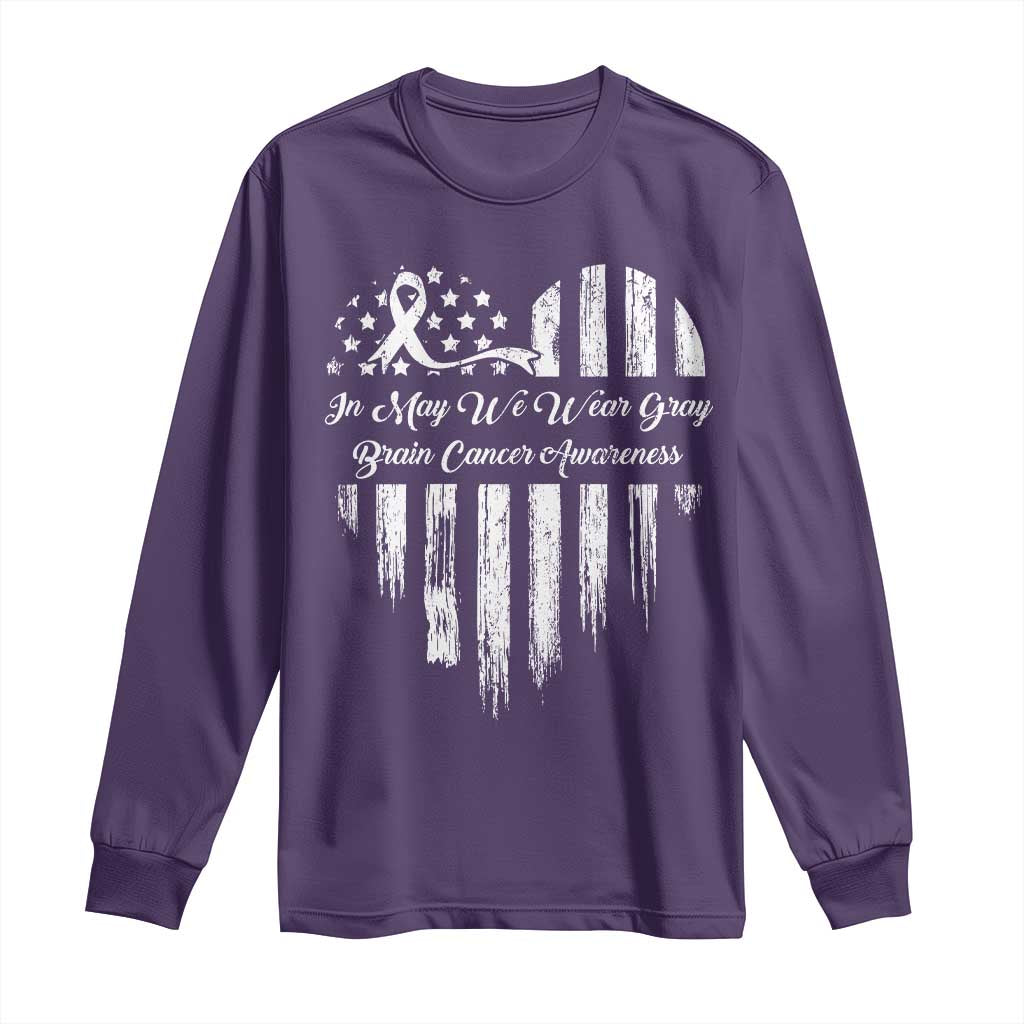 Brain Cancer Support Long Sleeve Shirt In May We Wear Gray American Flag Heart