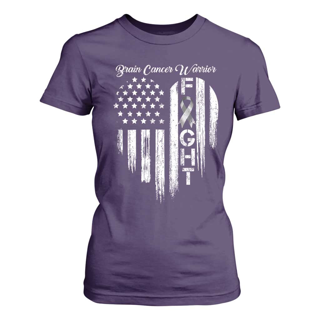 Brain Cancer Warrior T Shirt For Women Fight Gray Ribbon American Flag Heart