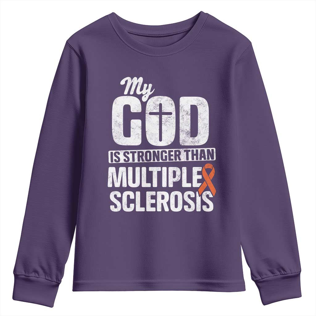 God Stronger Multiple Sclerosis Support Squad Youth Sweatshirt Orange Ribbon MS Fighter