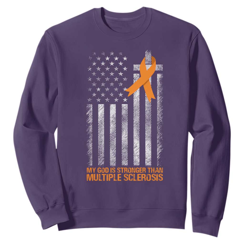 Multiple Sclerosis Support Sweatshirt God Stronger Orange Ribbon Christian American Flag
