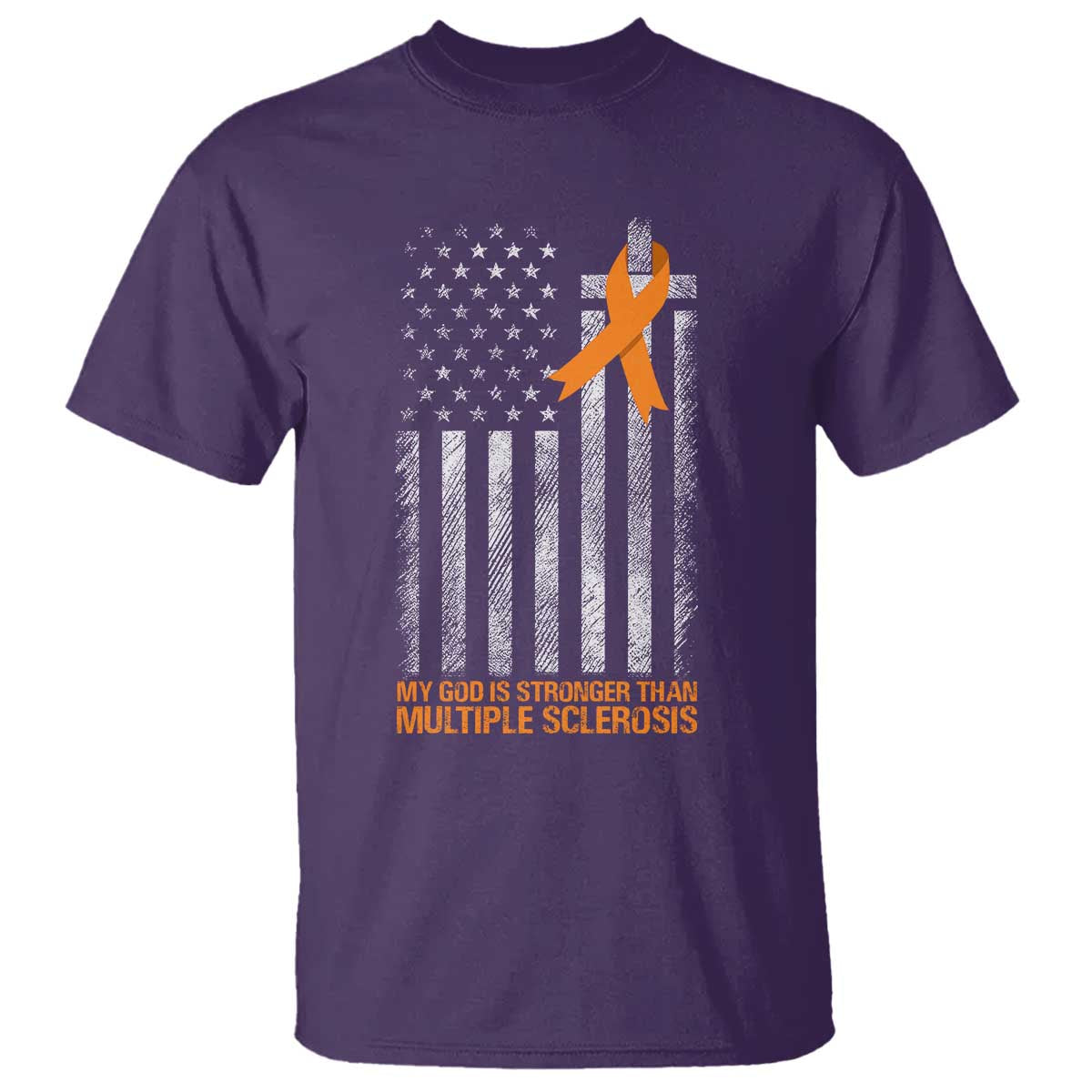 Multiple Sclerosis Support T Shirt God Stronger Orange Ribbon Christian American Flag
