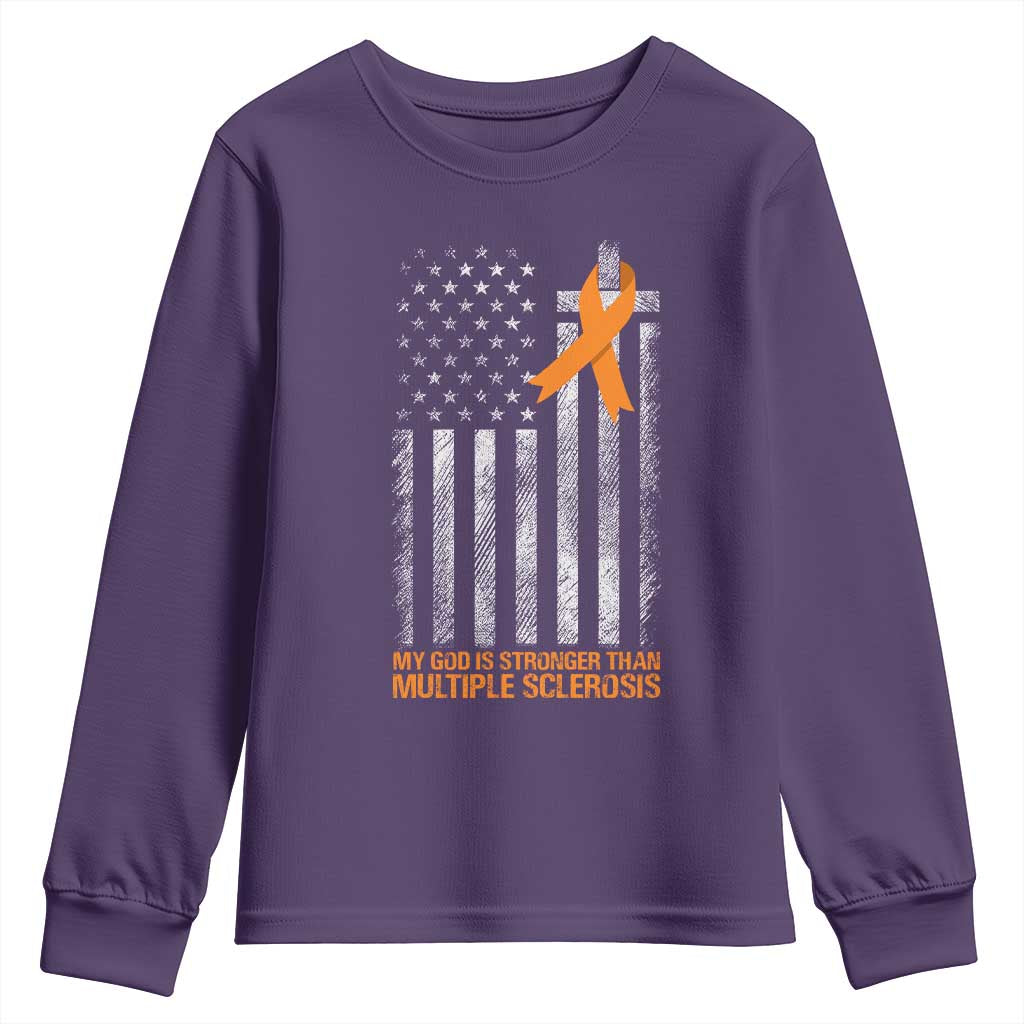 Multiple Sclerosis Support Youth Sweatshirt God Stronger Orange Ribbon Christian American Flag