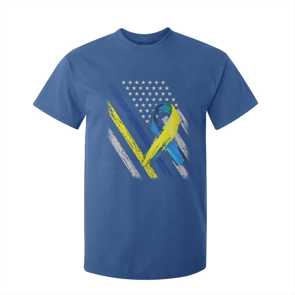 World Down Syndrome Day T Shirt For Kid Blue Yellow Ribbon American Flag T21 321