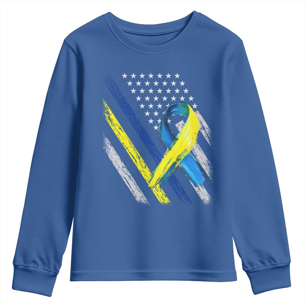 World Down Syndrome Day Youth Sweatshirt Blue Yellow Ribbon American Flag T21 321