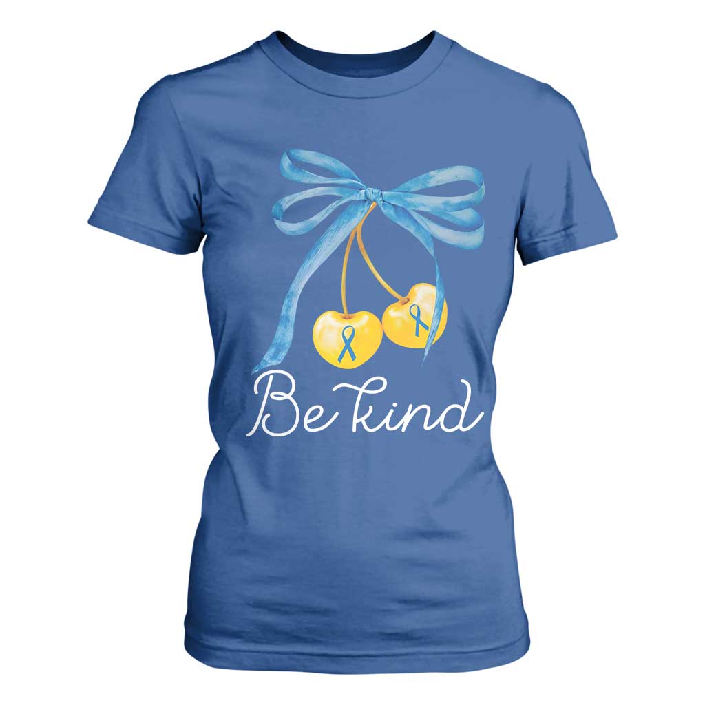 World Down Syndrome Day T Shirt For Women Blue Yellow Cherry Bow Coquette Be Kind