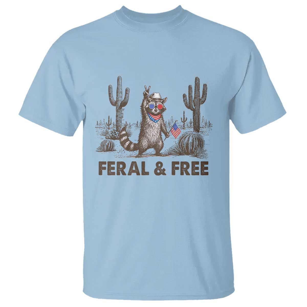 feral-free-raccoon-t-shirt-funny-4th-of-july-cowboy-meme-retro-independence-day