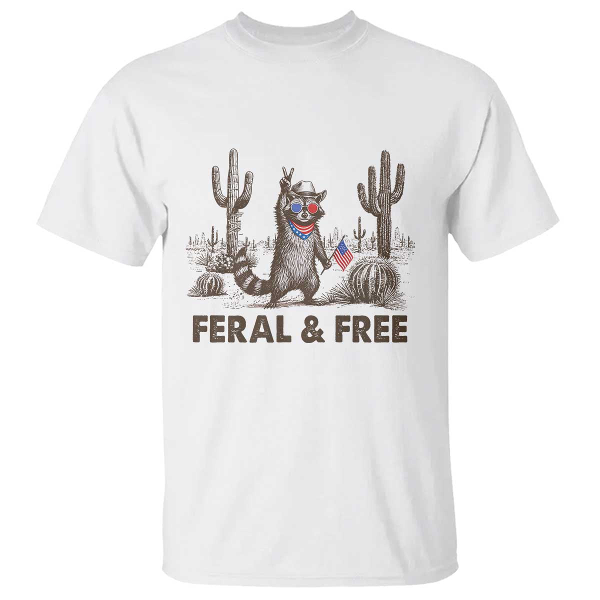 feral-free-raccoon-t-shirt-funny-4th-of-july-cowboy-meme-retro-independence-day