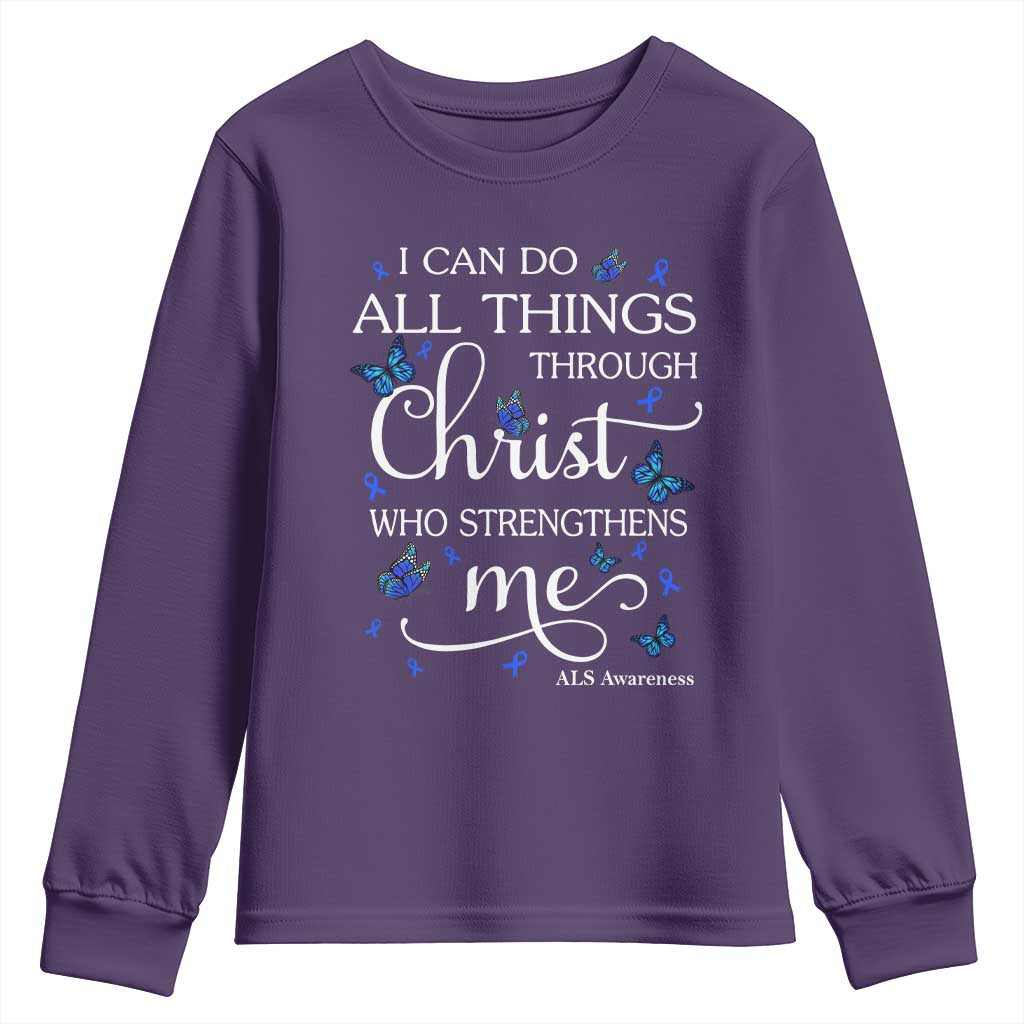 ALS Support Bible Verse Motivational Youth Sweatshirt I Can Do All Things Through Christ Butterfly