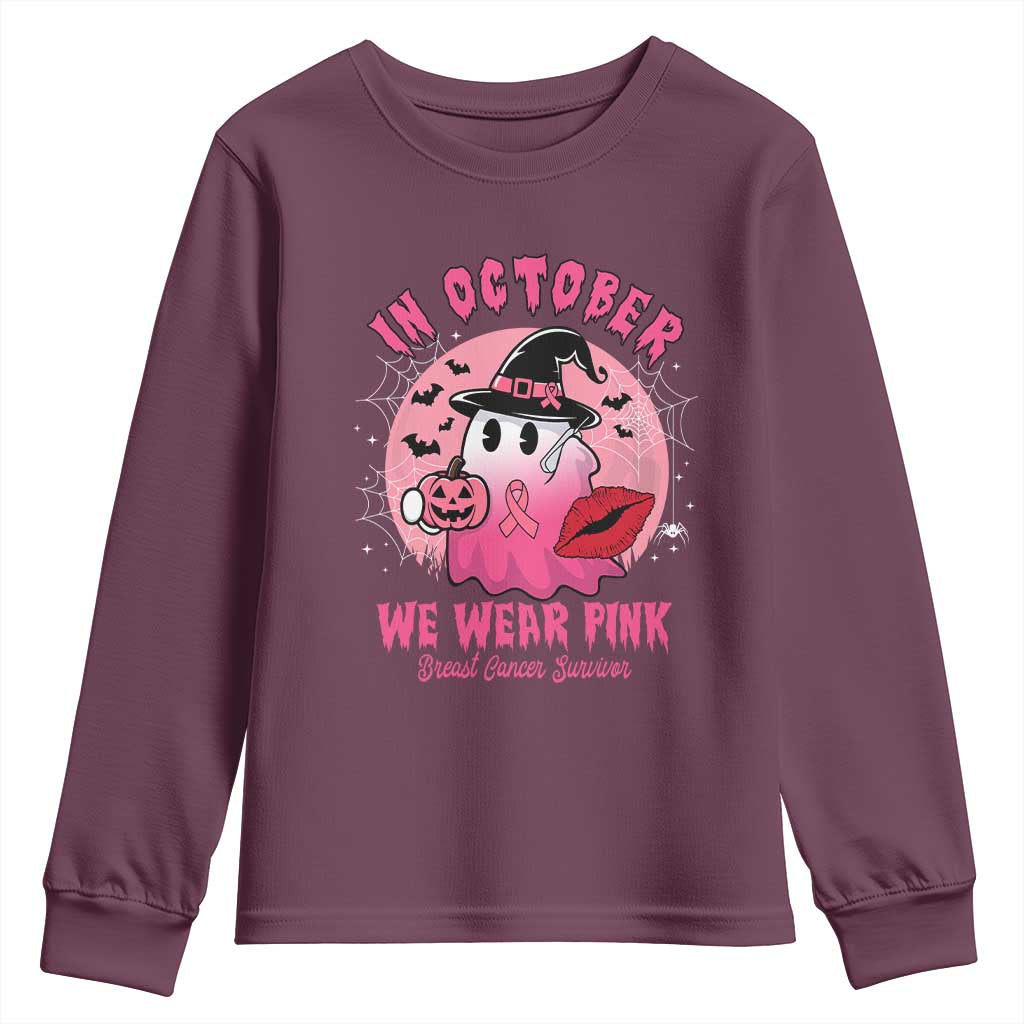 Pink Ribbon Halloween Breast Cancer Support Youth Sweatshirt Survivor Ghost Pumpkin October
