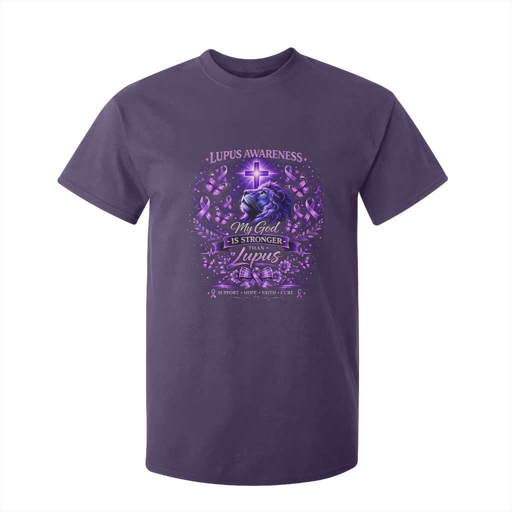 Lupus Support T Shirt For Kid Lion Purple Ribbon My God Is Stronger Than Lupus