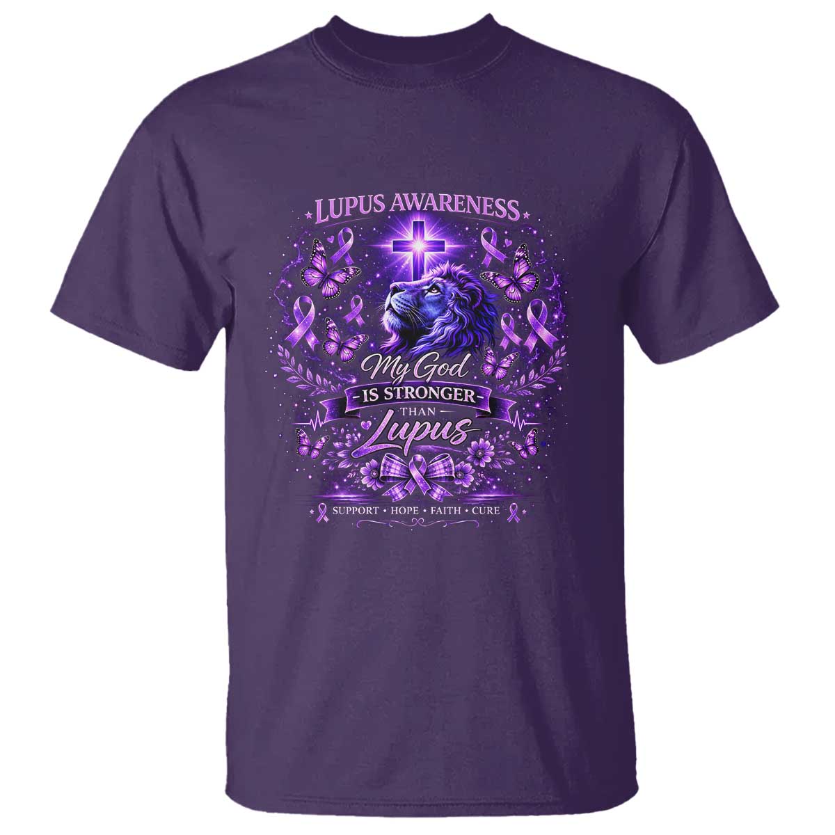 Lupus Support T Shirt Lion Purple Ribbon My God Is Stronger Than Lupus