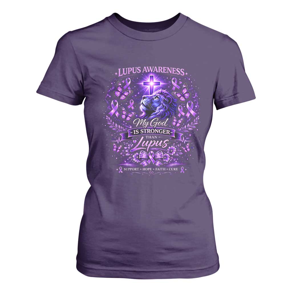 Lupus Support T Shirt For Women Lion Purple Ribbon My God Is Stronger Than Lupus