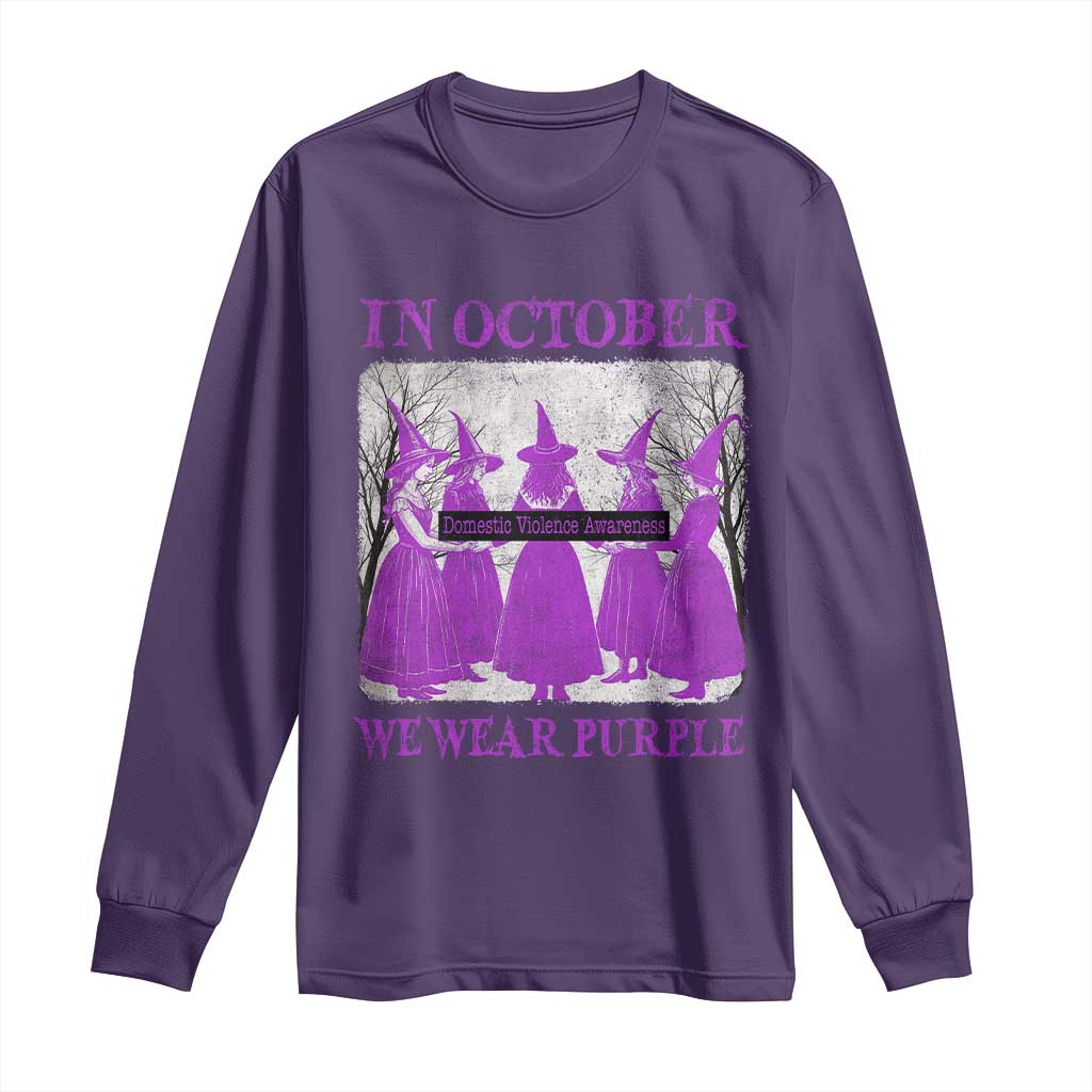 Retro In October We Wear Purple Witch Domestic Violence Support Long Sleeve Shirt