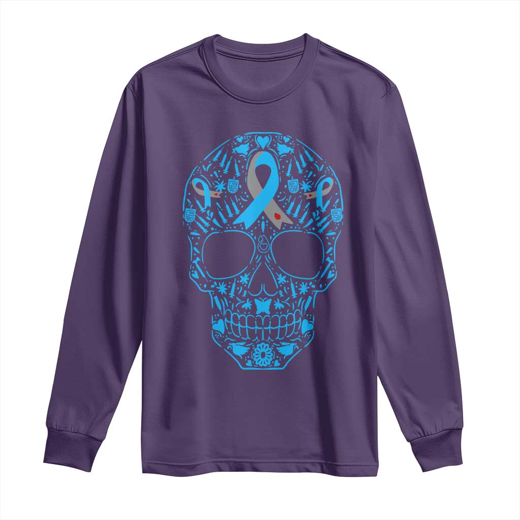 Diabetes Skull Long Sleeve Shirt Blue Ribbon T1D Support Sugar Skull