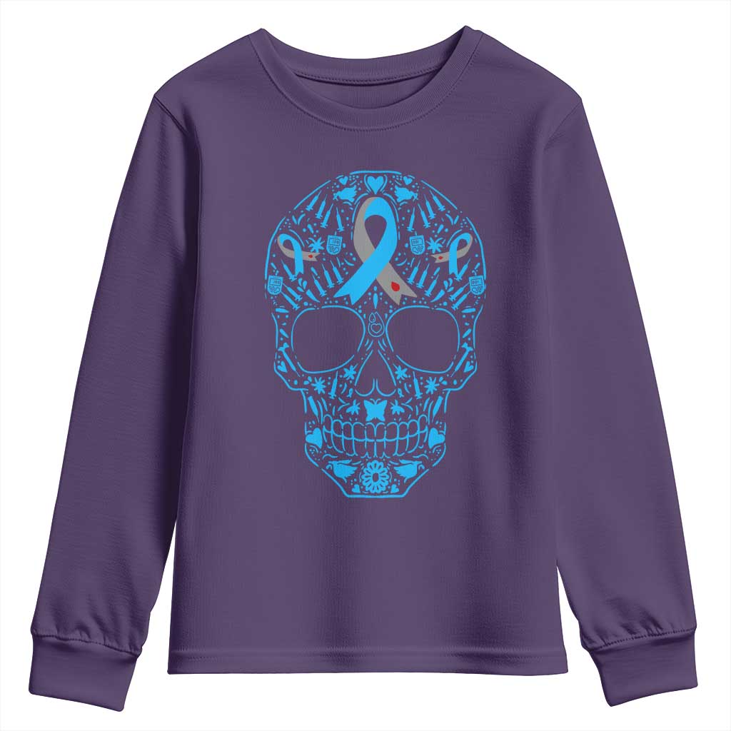 Diabetes Skull Youth Sweatshirt Blue Ribbon T1D Support Sugar Skull