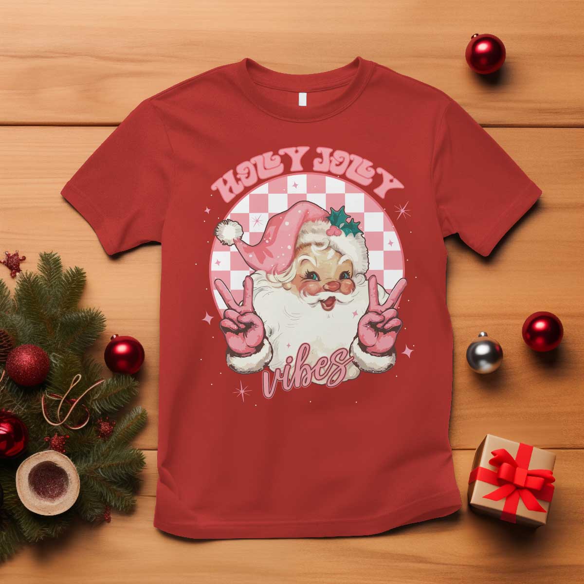funny-christmas-t-shirt-holly-jolly-vibes-retro-pink-santa