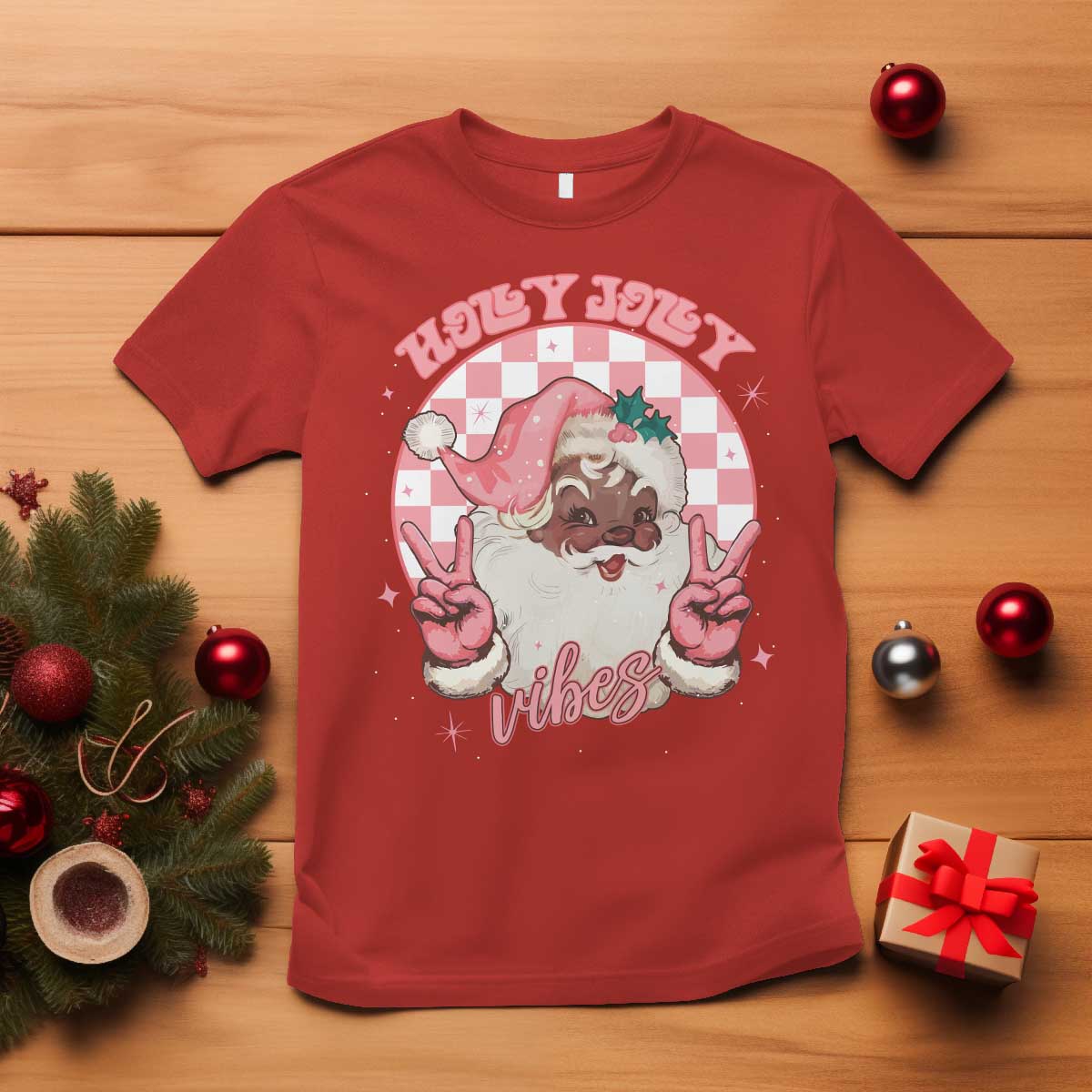 funny-pink-christmas-retro-black-santa-t-shirt-holly-jolly-vibes