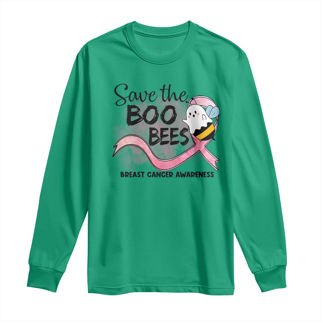 Funny Breast Cancer Support Halloween Long Sleeve Shirt Save The Boobees Ghost Bee Pink Ribbon