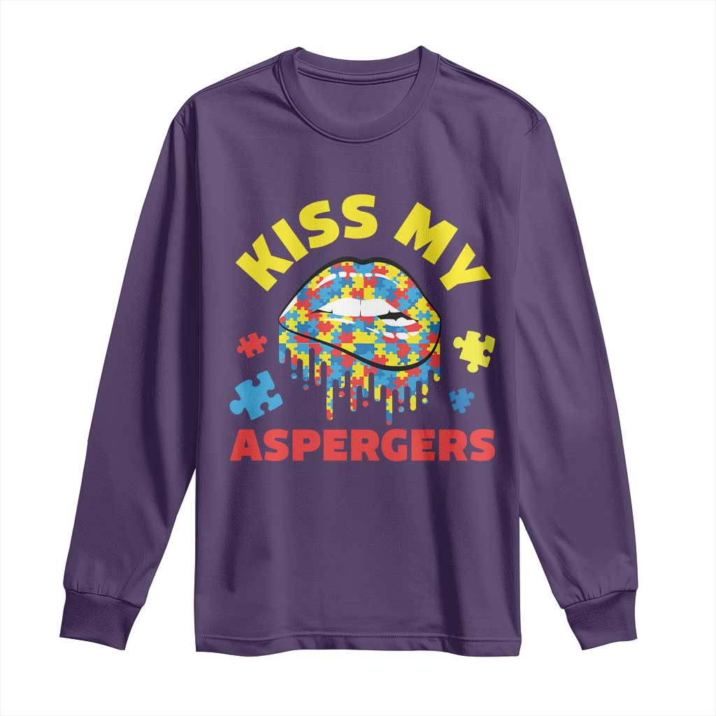 Funny Kiss My Aspergers Long Sleeve Shirt Asperger Syndrome Autism Support Puzzle Lips