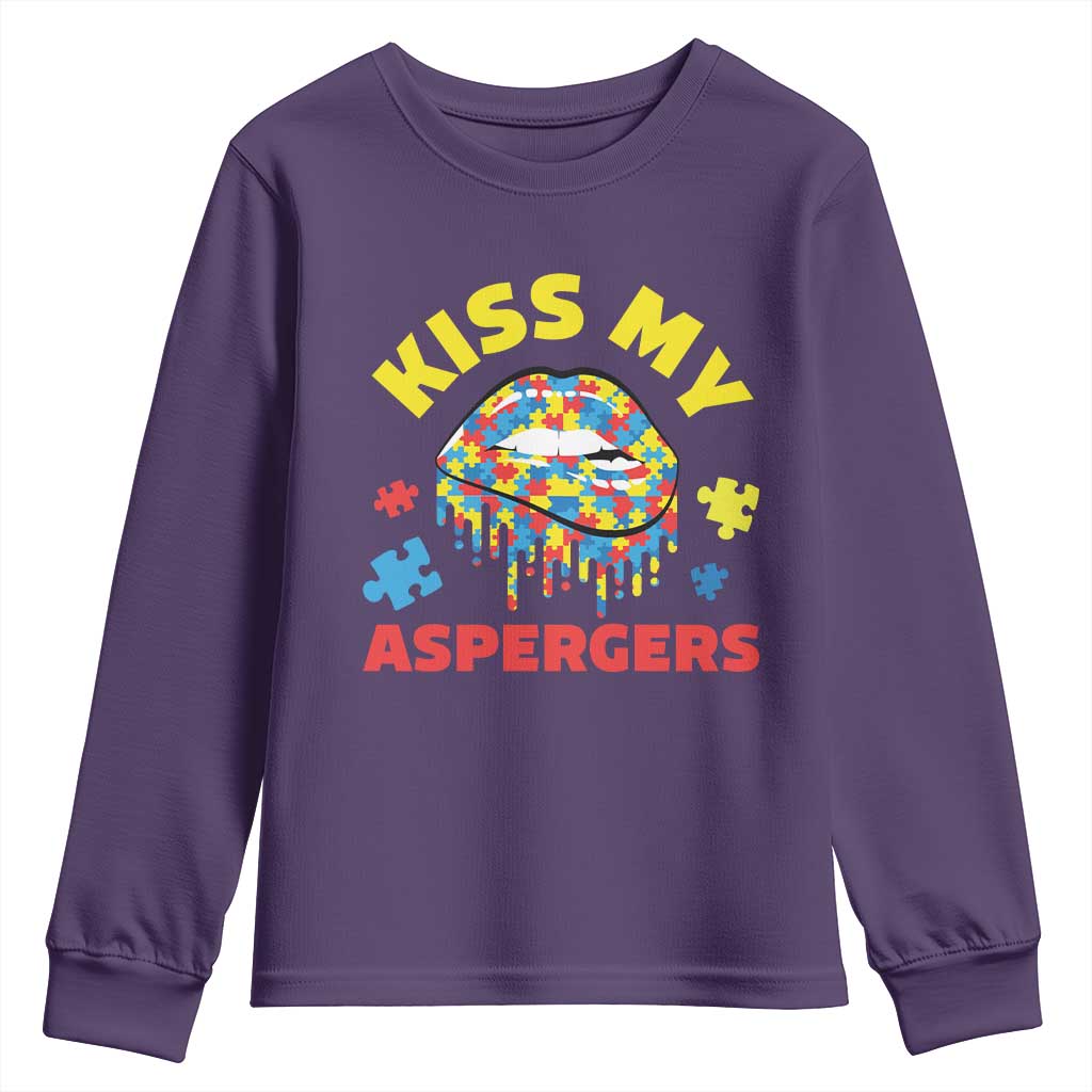Funny Kiss My Aspergers Youth Sweatshirt Asperger Syndrome Autism Support Puzzle Lips