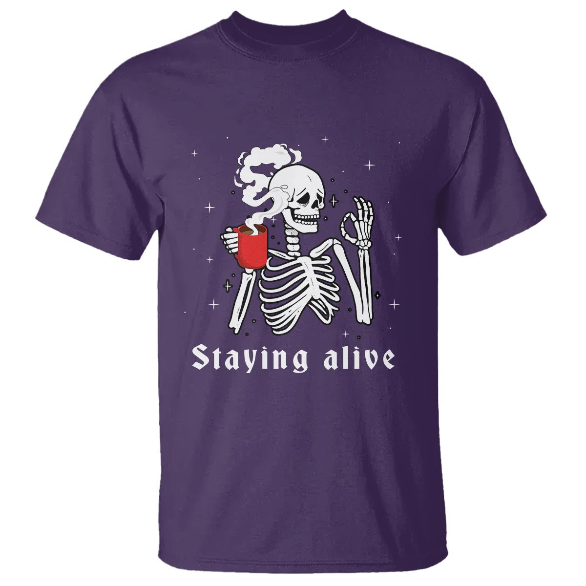 funny-skull-t-shirt-staying-alive-skeleton-drink-coffee