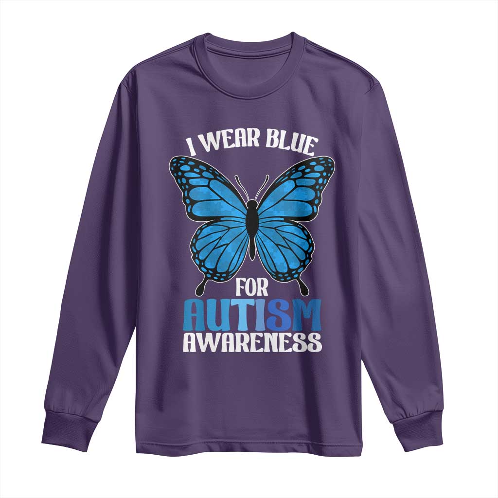 I Wear Blue For Autism Support Long Sleeve Shirt Blue Butterfly Puzzle Pieces