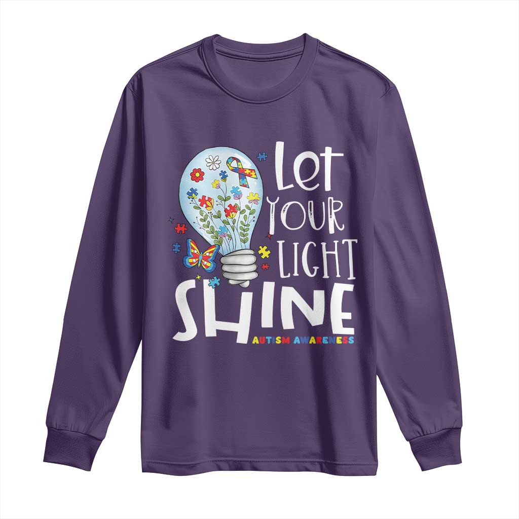 Autism Support Long Sleeve Shirt Let Your Light Shine Puzzle Ribbon Inspirational Quote