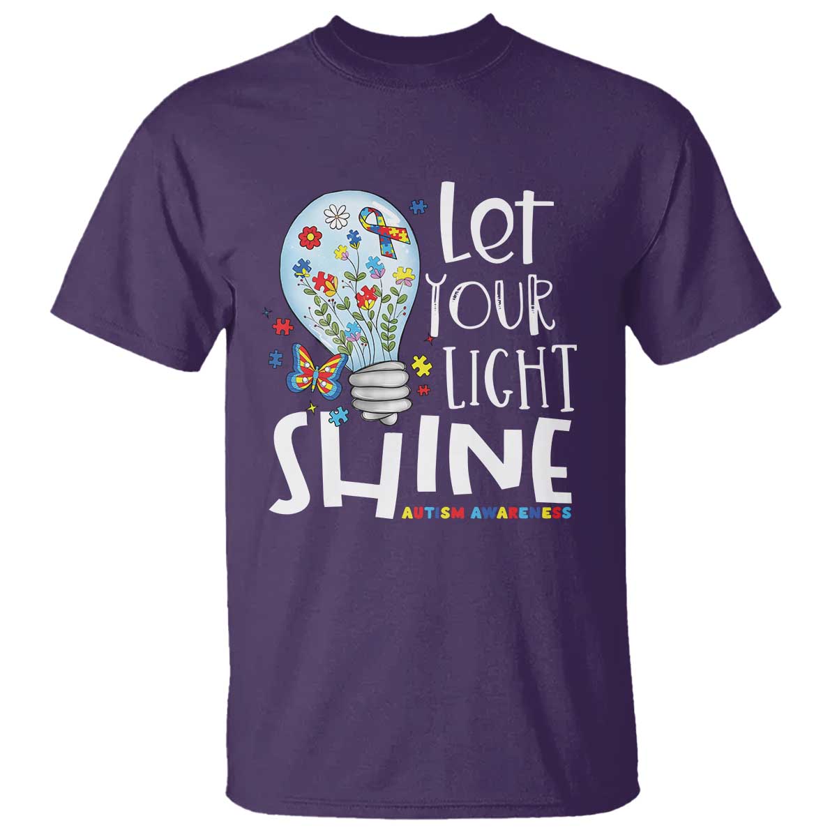 Autism Support T Shirt Let Your Light Shine Puzzle Ribbon Inspirational Quote