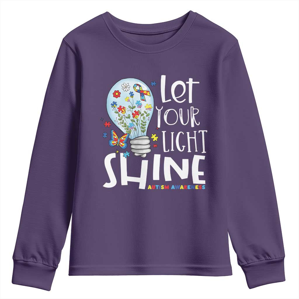 Autism Support Youth Sweatshirt Let Your Light Shine Puzzle Ribbon Inspirational Quote