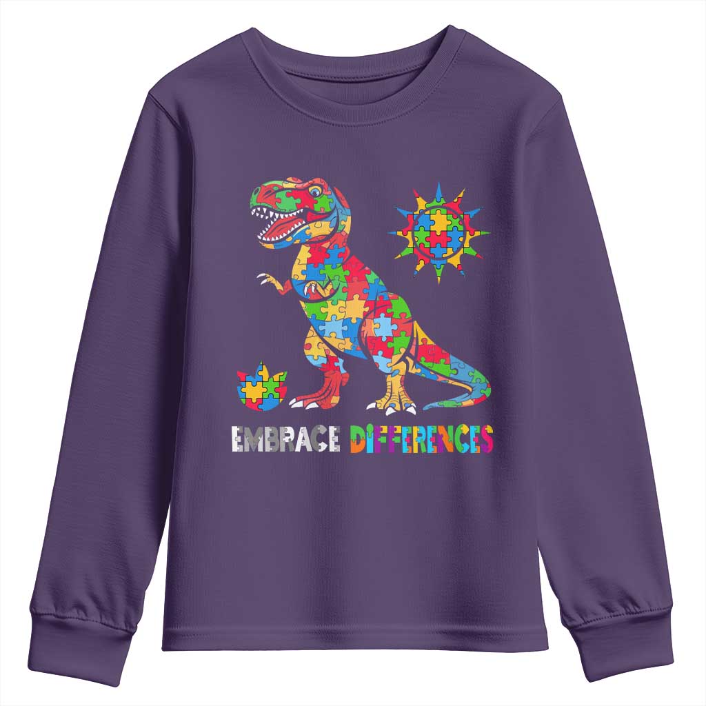 Funny Autism Support Embrace Differences Youth Sweatshirt Puzzle Dinosaur