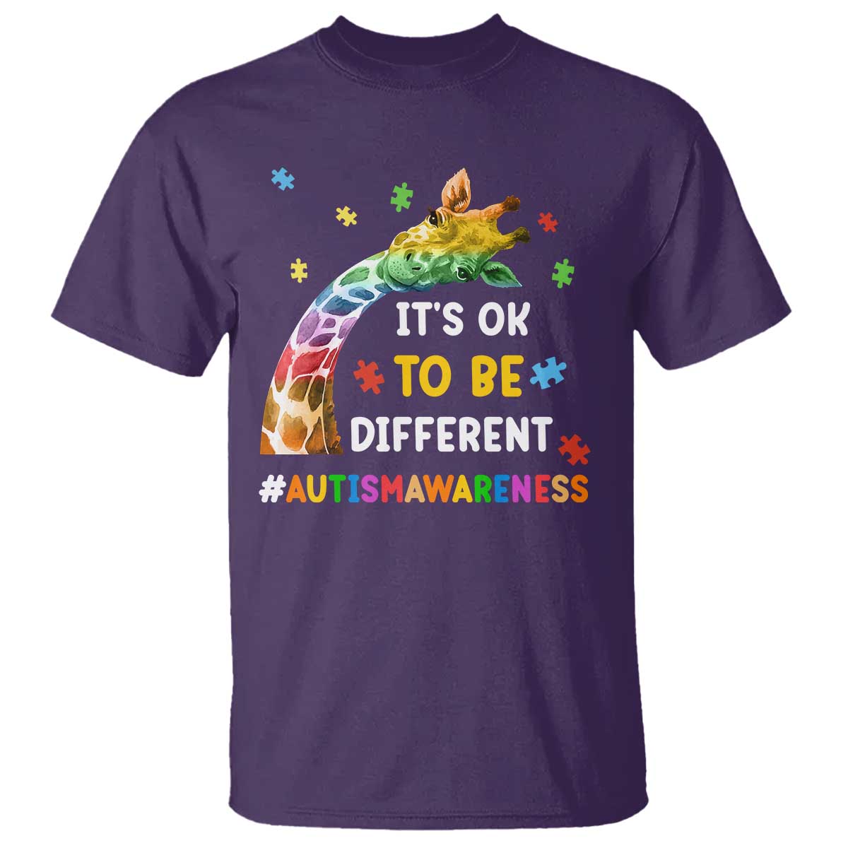 It's Ok To Be Different Autism Support T Shirt Rainbow Giraffe Puzzle
