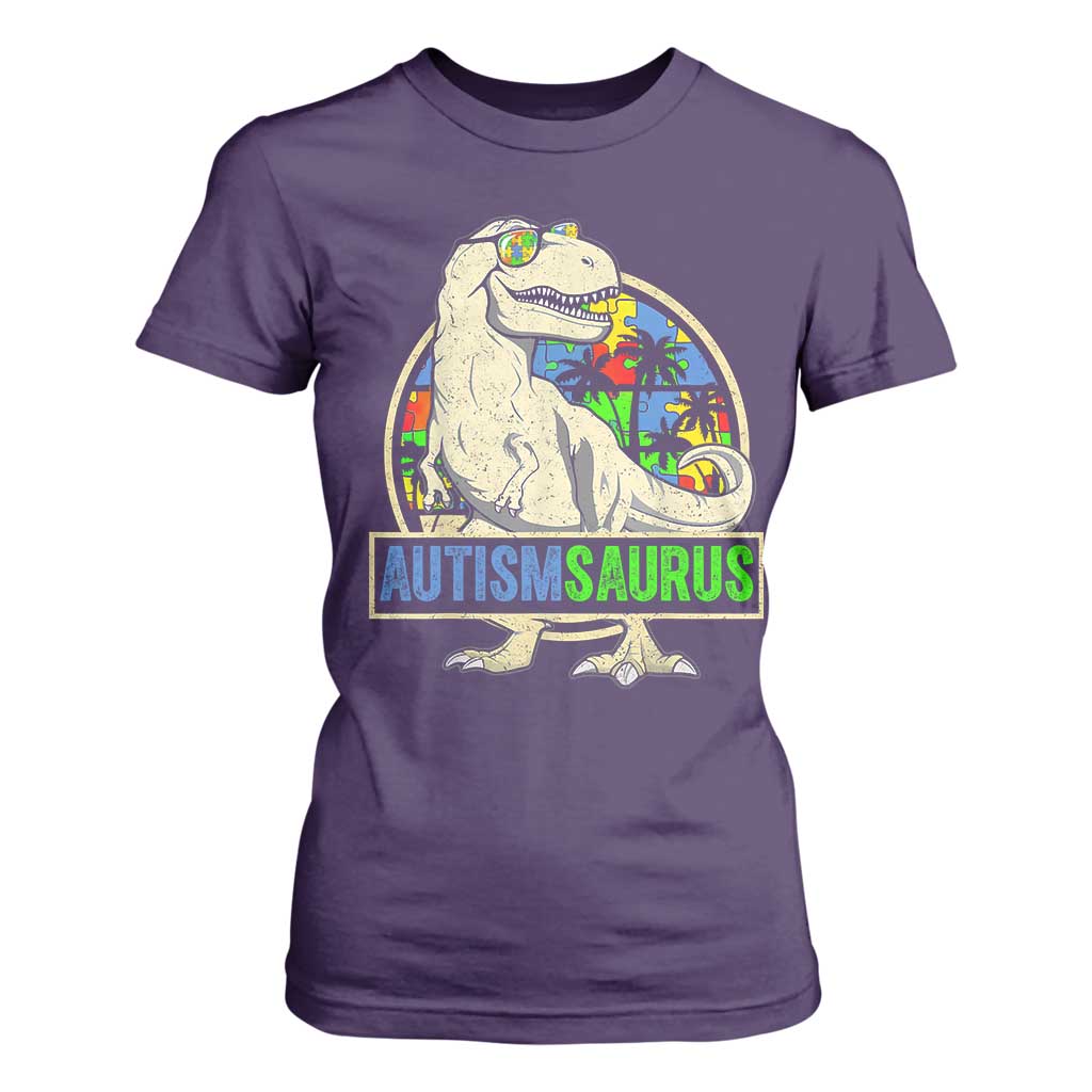Funny Autism Support Dinosaur T Shirt For Women Autismsaurus Puzzle Pieces