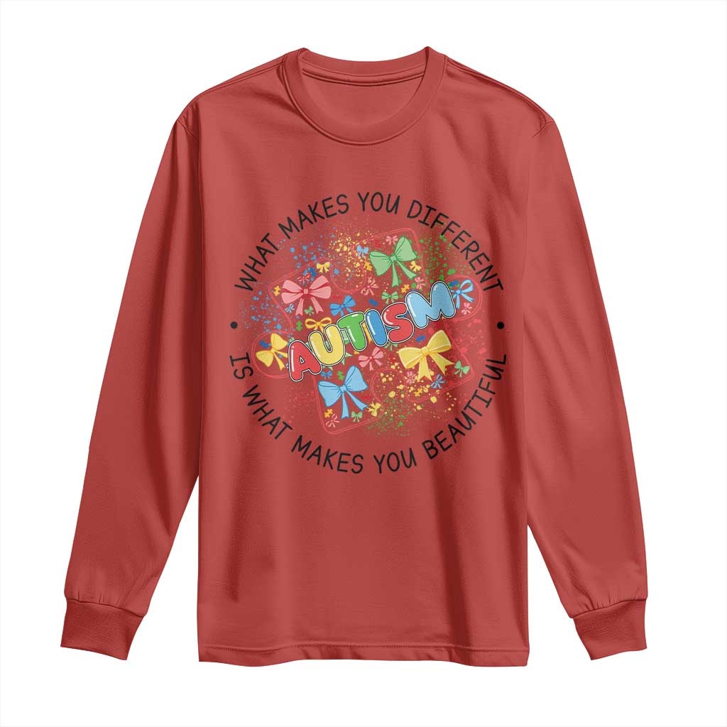 Funny Autism Support What Makes You Different Is What Makes You Beautiful Long Sleeve Shirt Coquette Puzzle