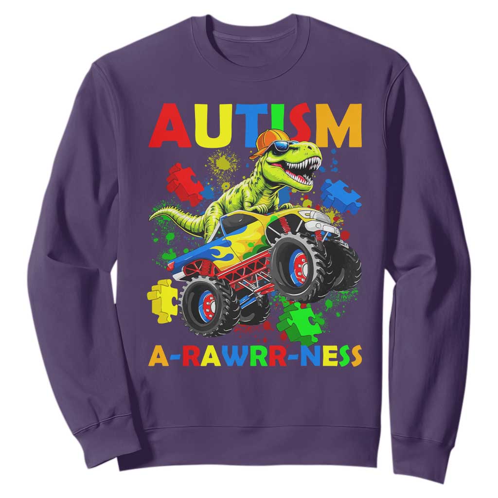 Funny Autism Support Dinosaur Sweatshirt Autism Arawrrness Monster Truck Puzzle Pieces