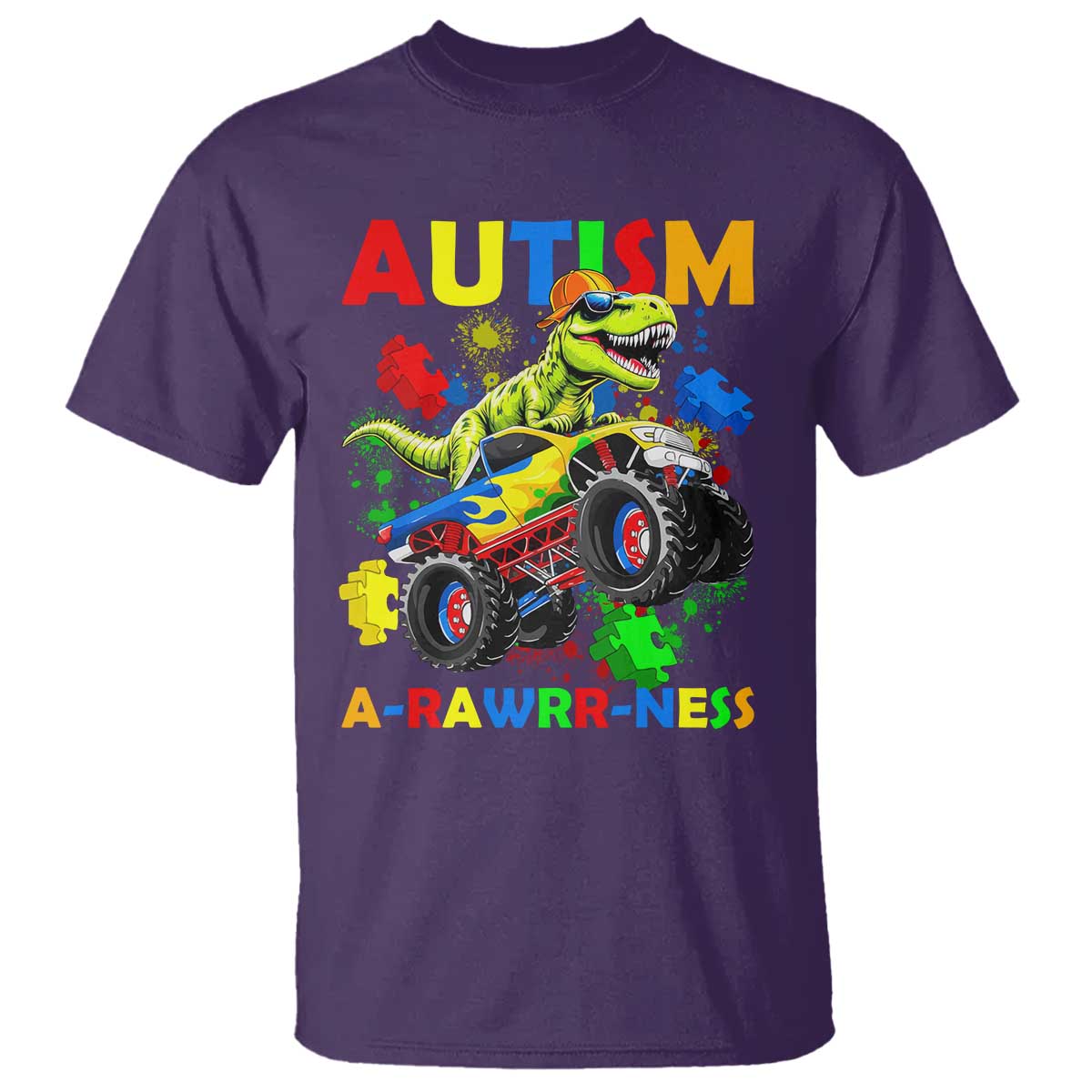 Funny Autism Support Dinosaur T Shirt Autism Arawrrness Monster Truck Puzzle Pieces