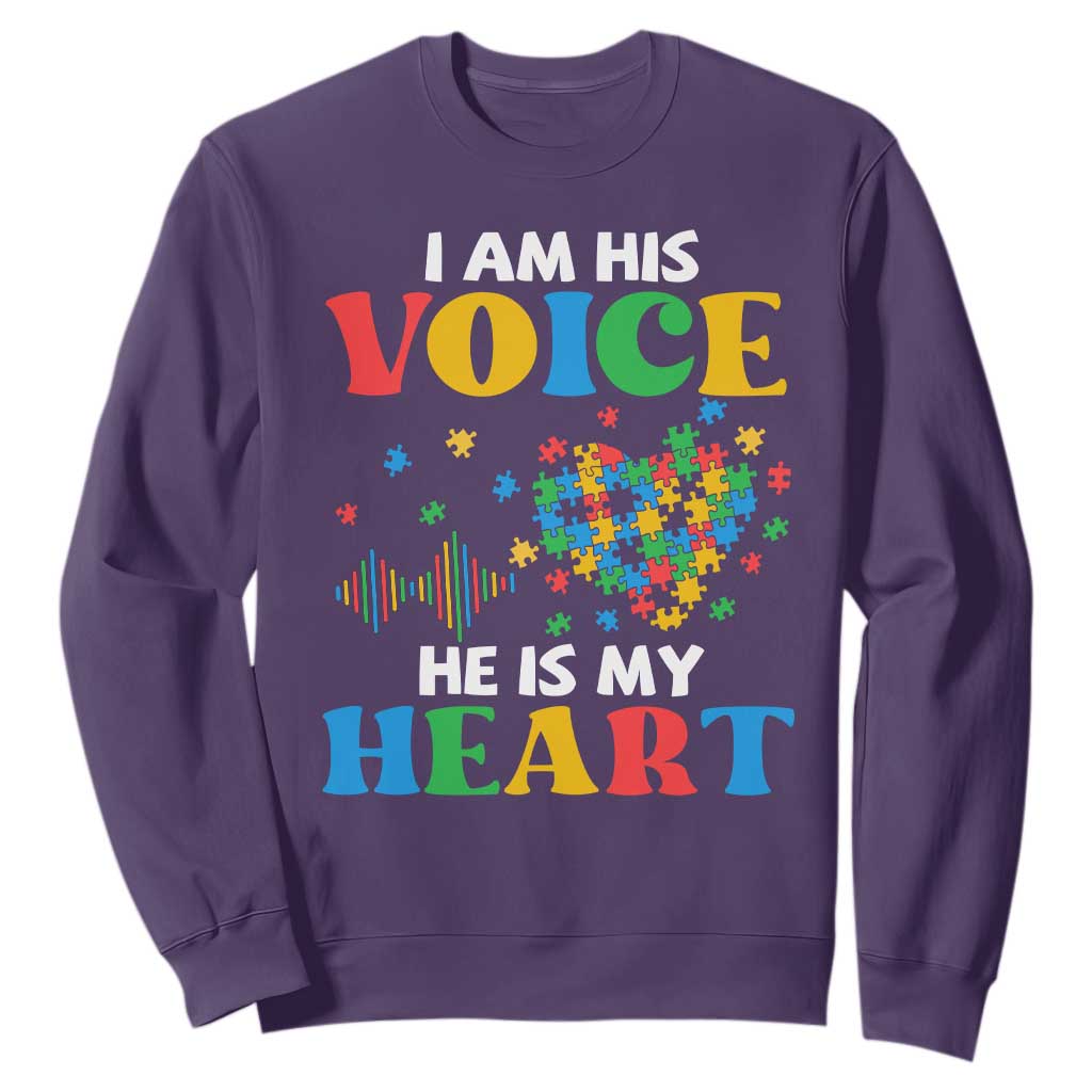 I Am His Voice He Is My Heart Sweatshirt Autism Support Puzzle Piece