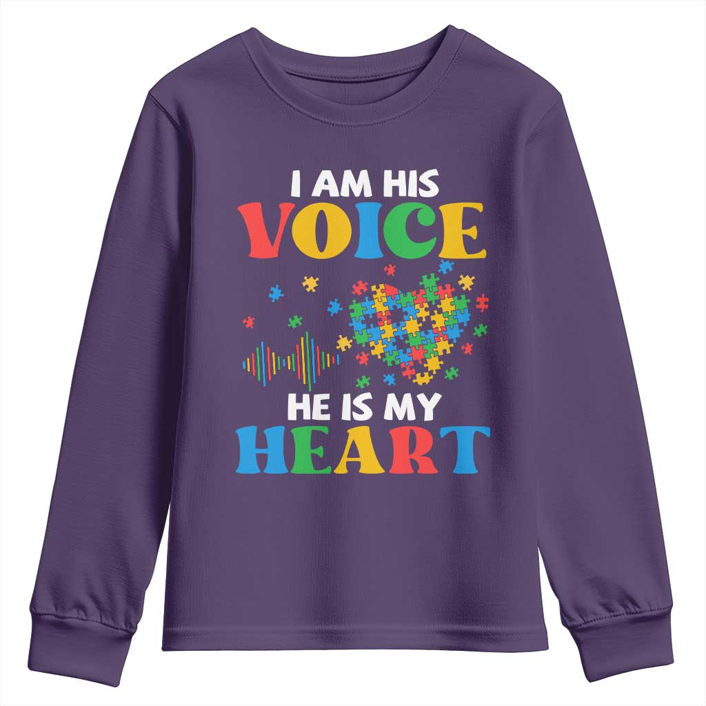 I Am His Voice He Is My Heart Youth Sweatshirt Autism Support Puzzle Piece
