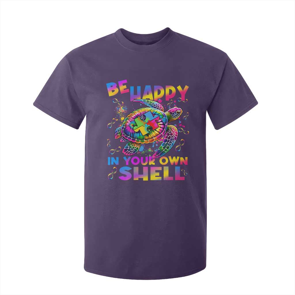 Funny Autism Support Be Happy In Your Own Shell T Shirt For Kid Rainbow Puzzle Turtle
