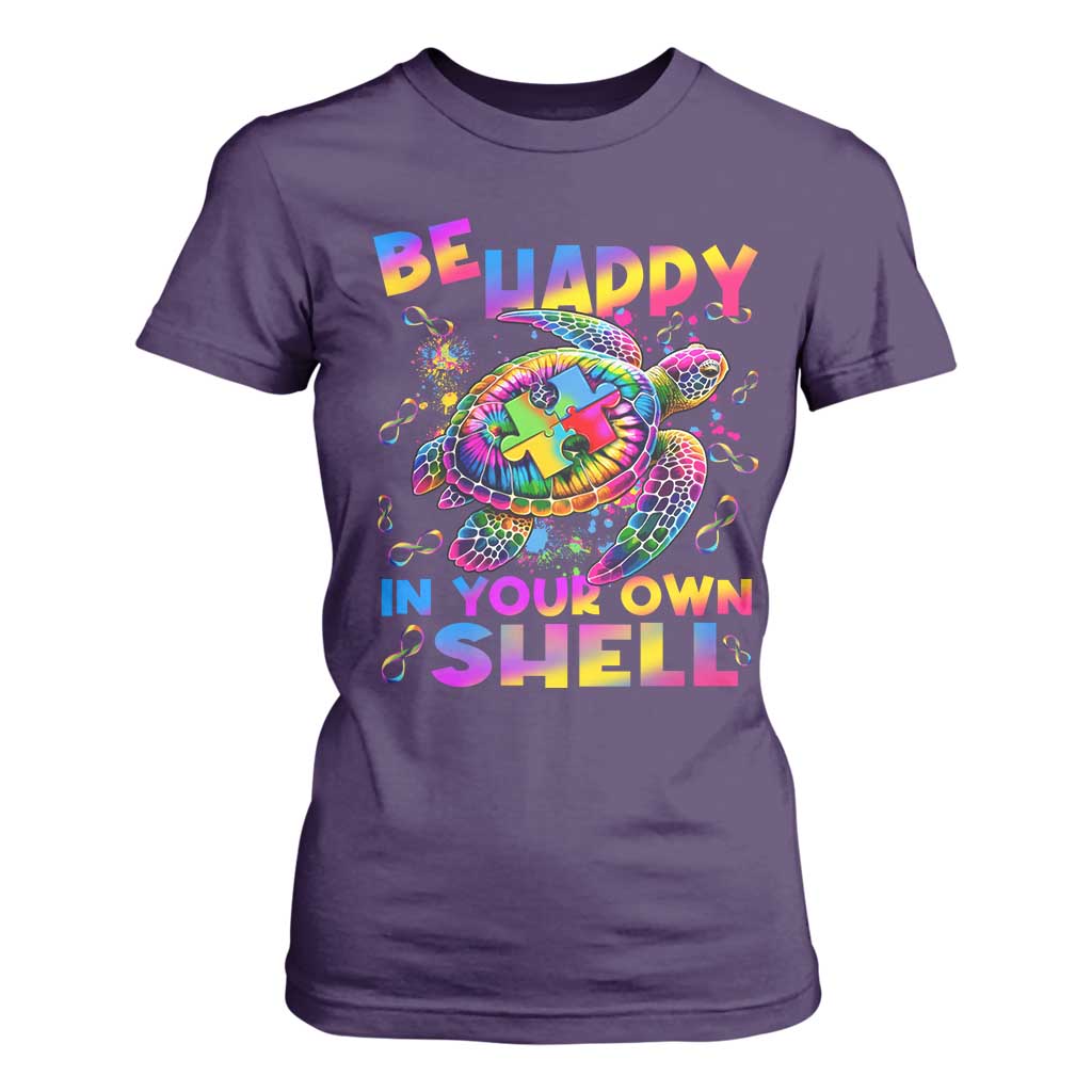 Funny Autism Support Be Happy In Your Own Shell T Shirt For Women Rainbow Puzzle Turtle