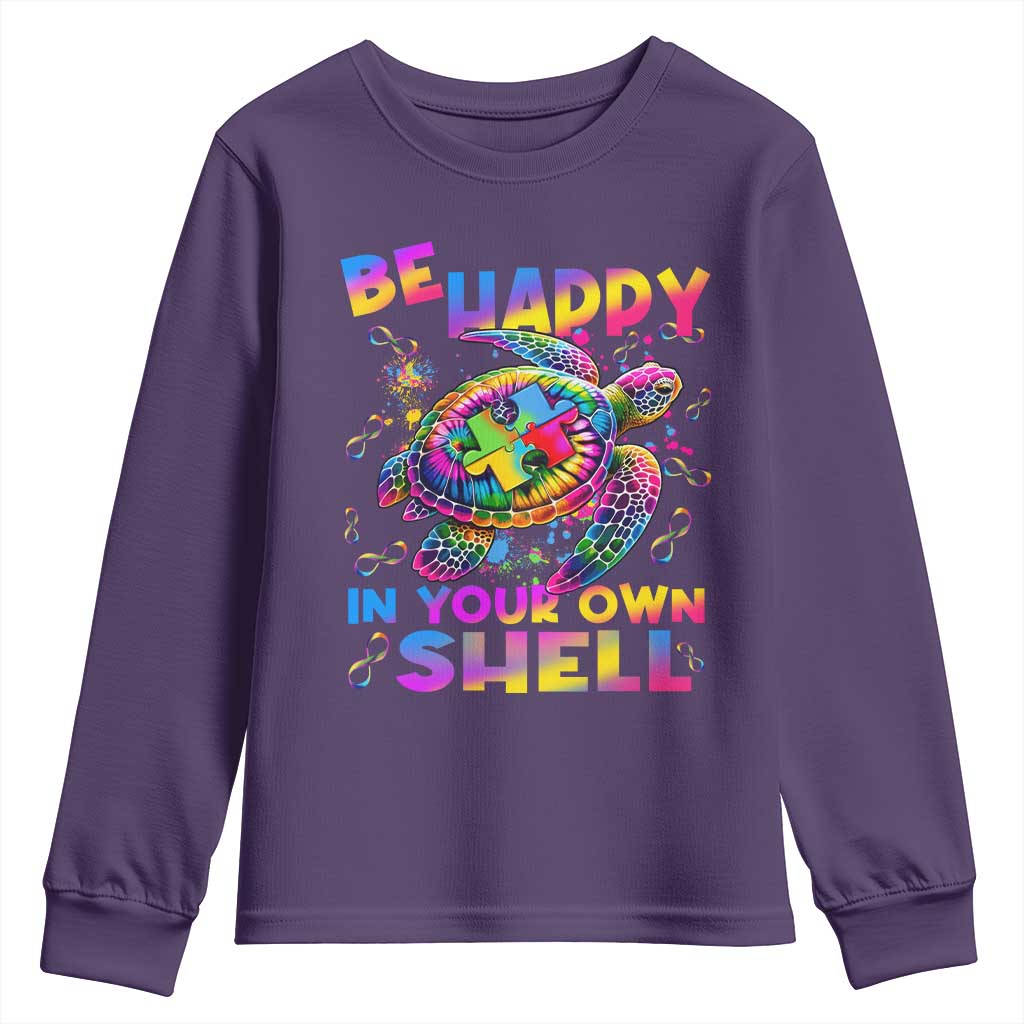 Funny Autism Support Be Happy In Your Own Shell Youth Sweatshirt Rainbow Puzzle Turtle