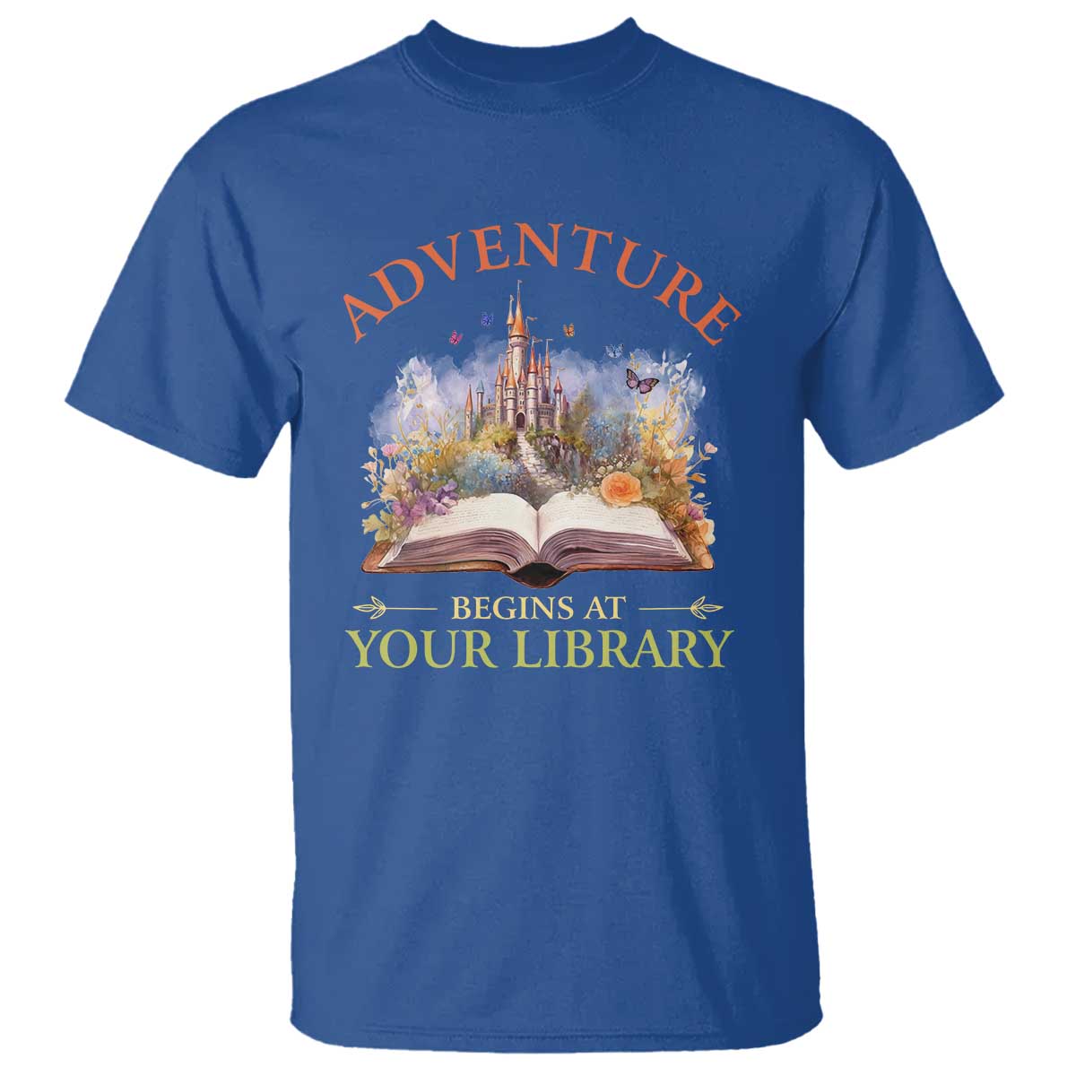 book-reader-t-shirt-adventure-begins-at-your-library-castle-flower-librarian