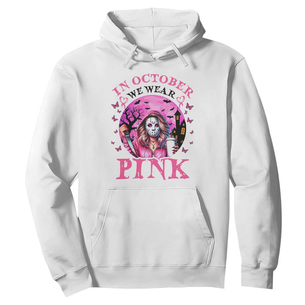 Breast Cancer Support Hoodie In October We Wear Pink Halloween Butterfly Bat Murderer